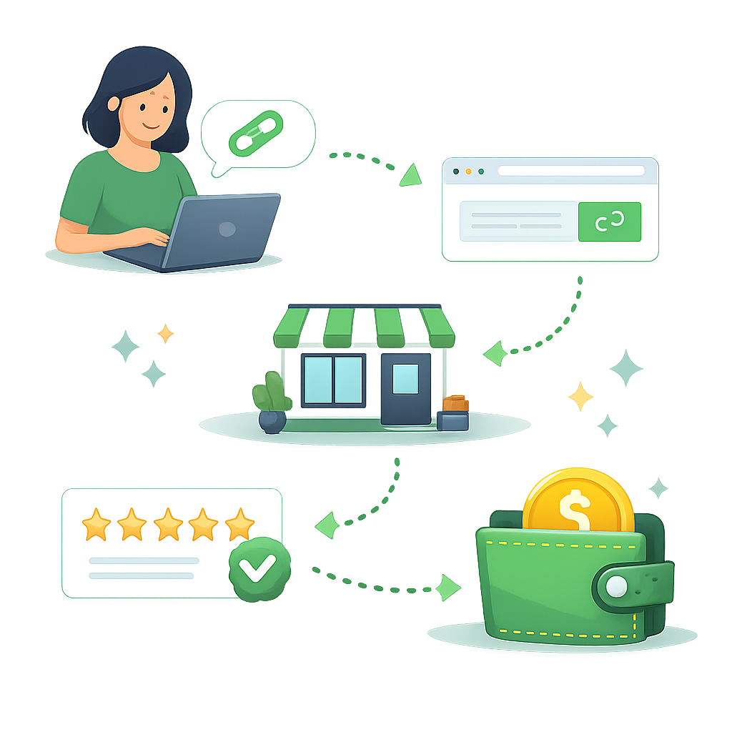 Referral Program Journey with Friendly Woman and Green ChainLink Icon-1